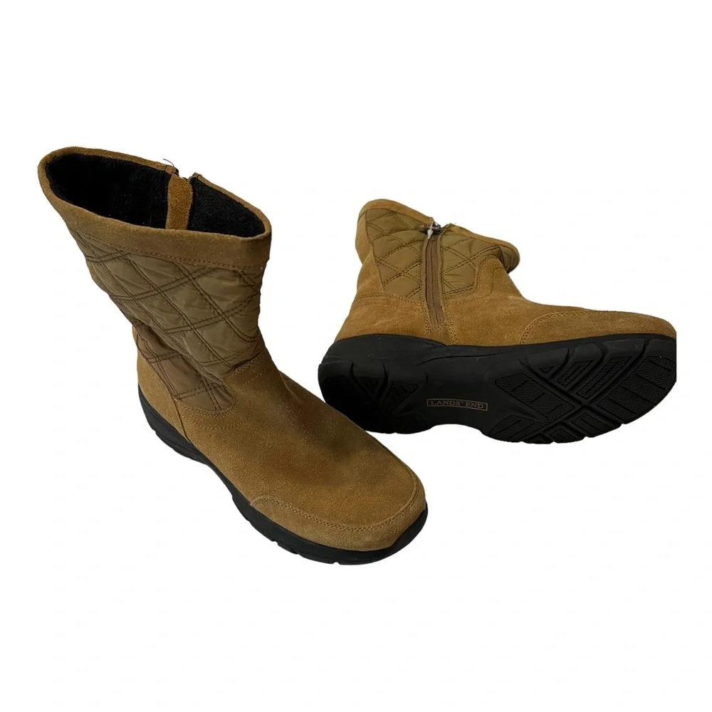 Lands’ End Suede Quilted Zip Tan On Boots size 7 Medium